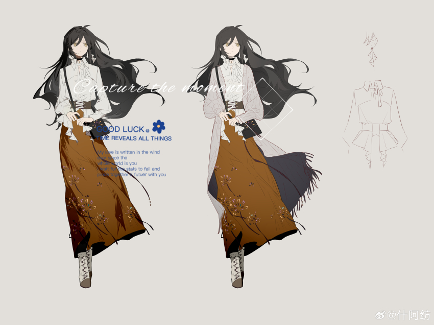 1girl, absurdres, ahoge, anime_coloring, bag, black_bag, black_choker, black_hair, boots, bow, bow_earrings, bowtie, brown_corset, brown_skirt, reference_sheet, chinese_commentary, choker, collared_shirt, commentary_request, commission, corset, cross-laced_footwear, earrings, eyelashes, floating_clothes, floating_hair, floral_print, fringe_trim, grey_background, grey_jacket, hair_between_eyes, high_collar, highres, jacket, jewelry, long_hair, long_skirt, long_sleeves, looking_to_the_side, open_clothes, open_jacket, original, pleated_skirt, puffy_long_sleeves, puffy_sleeves, sample_watermark, shen_a_fang, shirt, shoulder_bag, simple_background, skirt, sweater_jacket, variations, watermark, weibo_watermark, white_bow, white_bowtie, white_footwear, white_shirt, wind, yellow_eyes