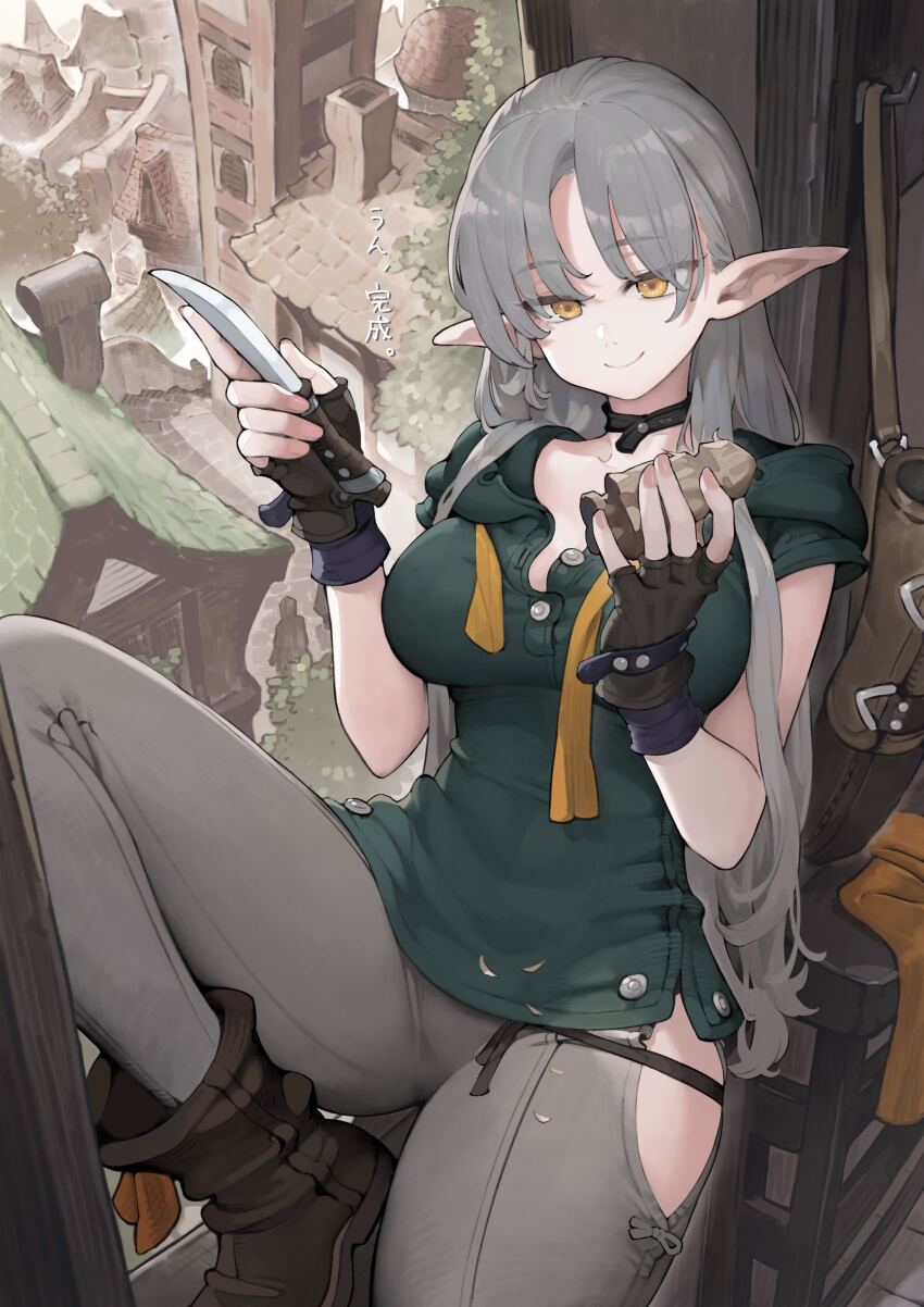 1girl, absurdres, black_gloves, boots, breasts, building, choker, clothing_cutout, commentary_request, elf, fingerless_gloves, gloves, grey_hair, grey_pants, highres, hip_vent, holding, holding_knife, jun_(navigavi), knee_up, knife, leather, leather_choker, long_hair, on_windowsill, original, pants, partially_unbuttoned, pointy_ears, quiver, short_sleeves, smile, solo, town, translation_request, whittling, windowsill, yellow_eyes