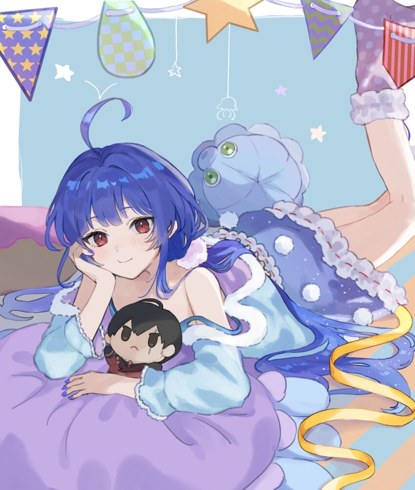 1girl, blue_hair, character_doll, doll, elbow_rest, hand_on_own_cheek, hand_on_own_face, head_rest