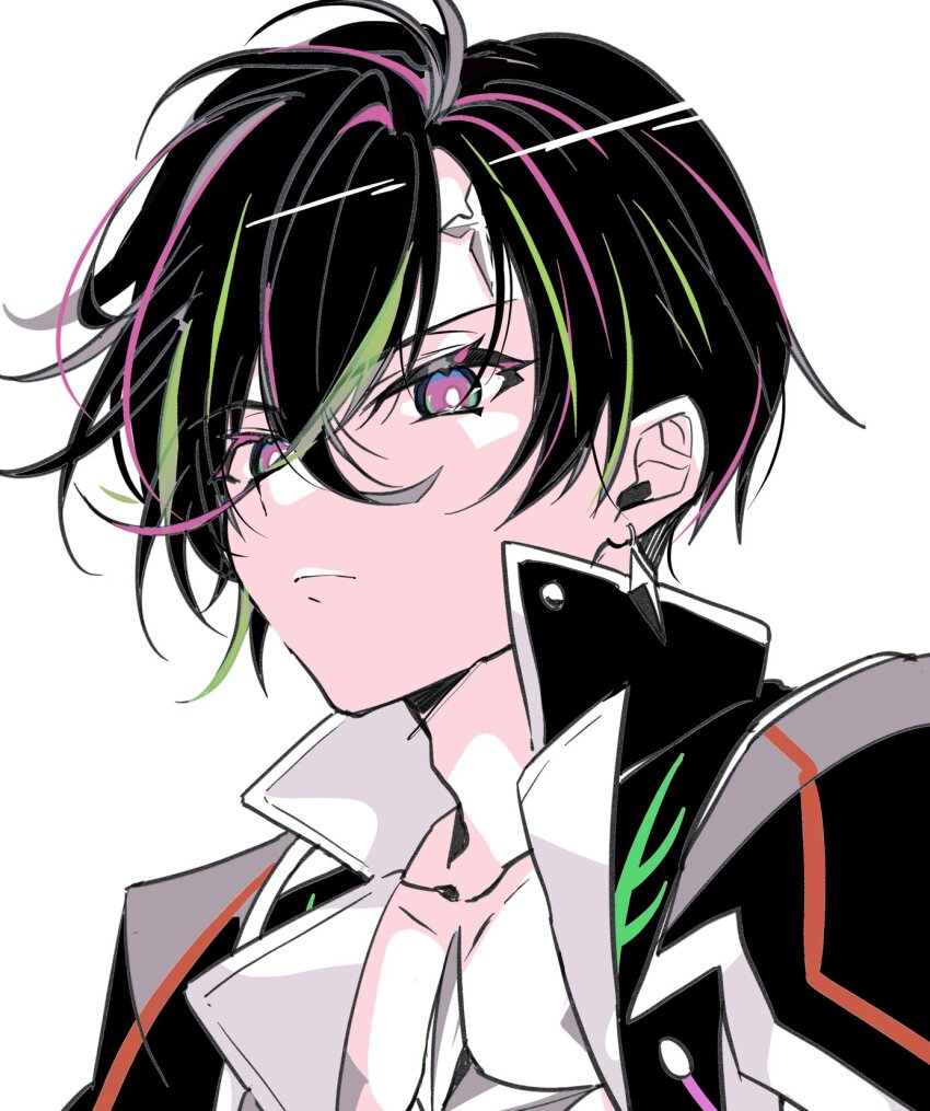 0x0_yukimi, 1boy, alta_(shironeko_project), armor, black_hair, chest_jewel, collared_jacket, earrings