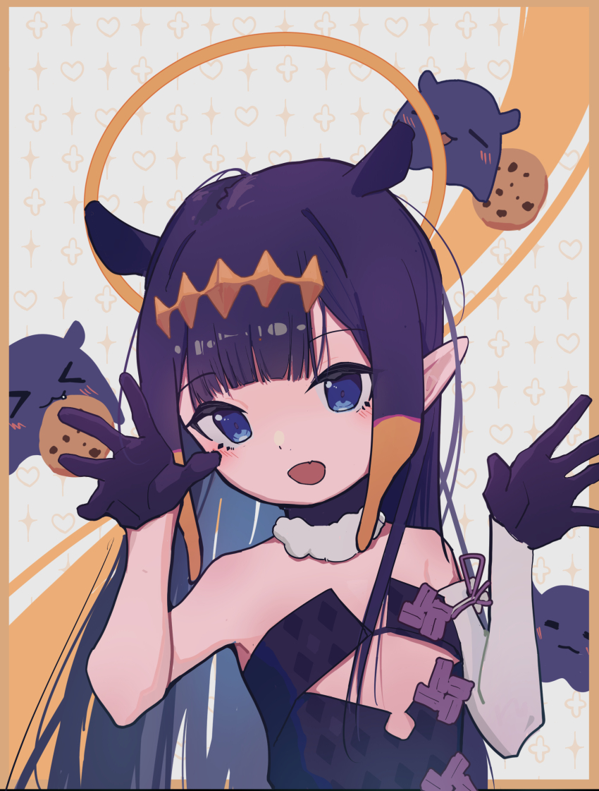 >_<, 1girl, 2others, :3, :d, absurdres, asymmetrical_gloves, black_dress