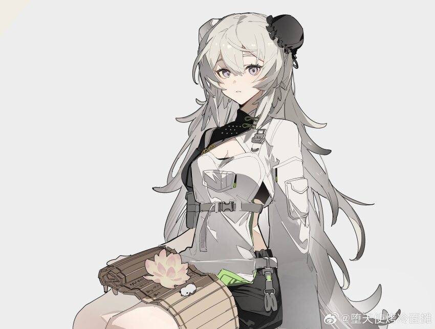 1girl, arknights, feather_hair, flower, grey_eyes, grey_hair, highres, long_hair