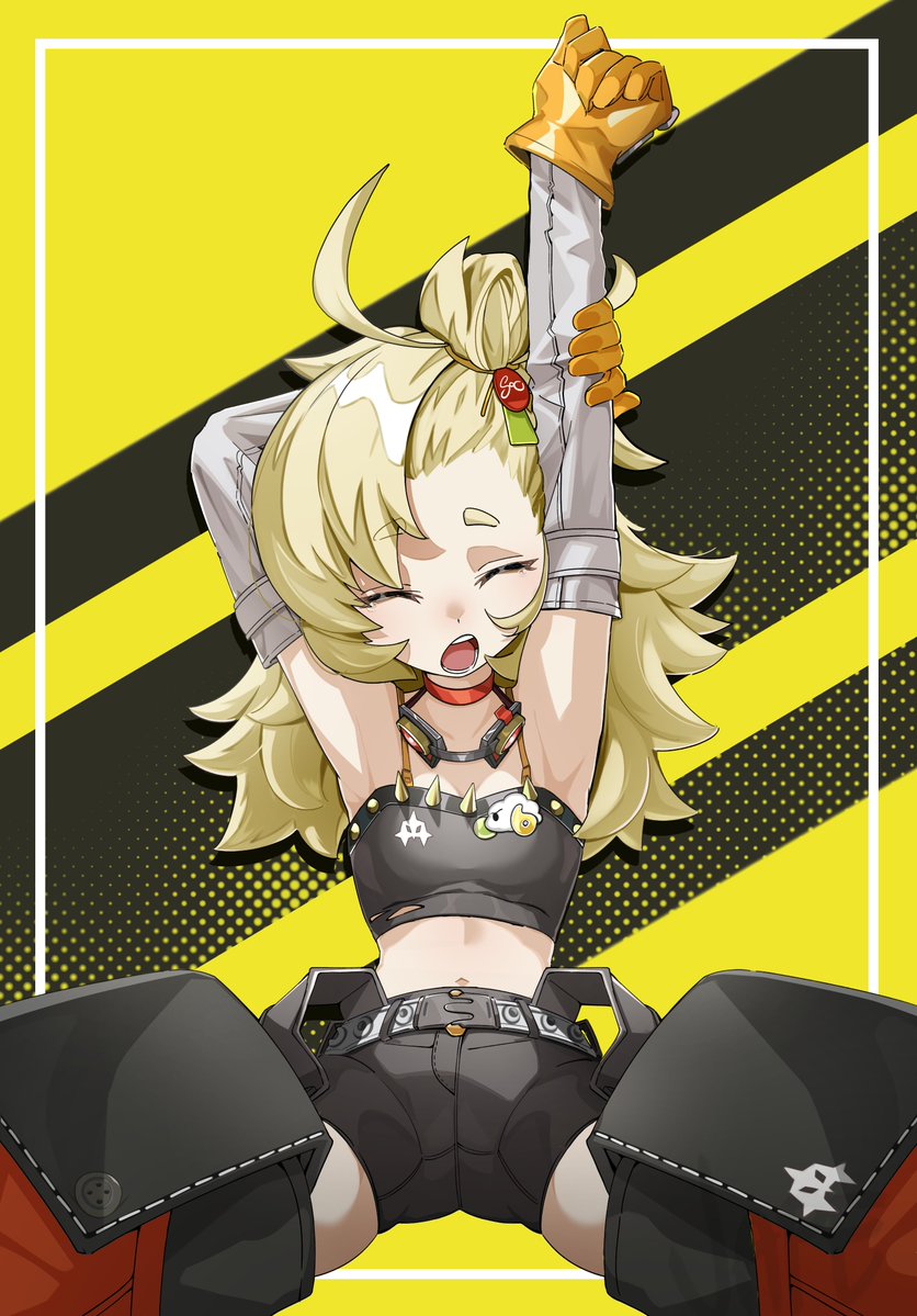 1girl, armpits, arms_up, belt, black_shorts, blonde_hair, breasts, choker