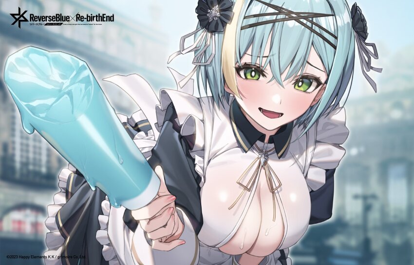 1girl, apron, artist_request, bent_over, black_dress, blonde_hair, blue_hair, blurry