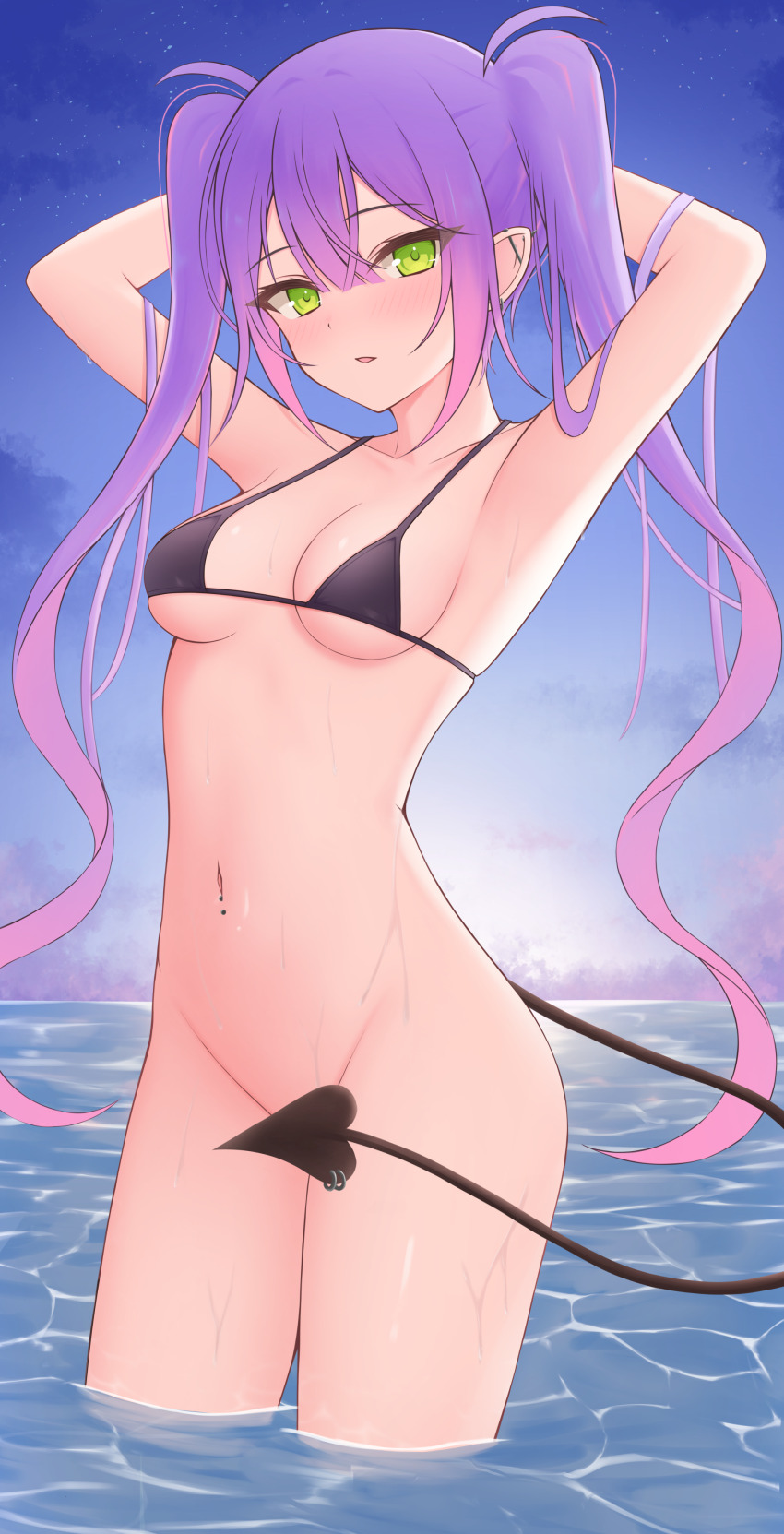 1girl, absurdres, armpits, arms_up, bikini, bikini_top_only, blush, breasts