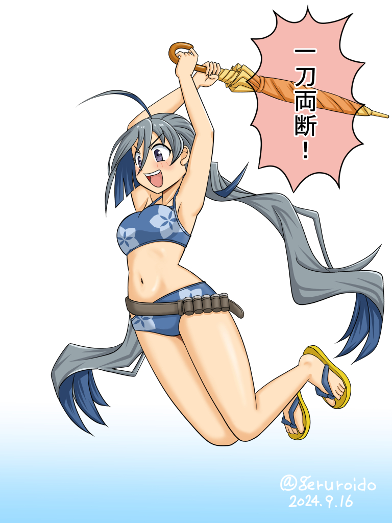 1girl, ahoge, belt, bikini, blue_bikini, commentary_request, dated, flip-flops