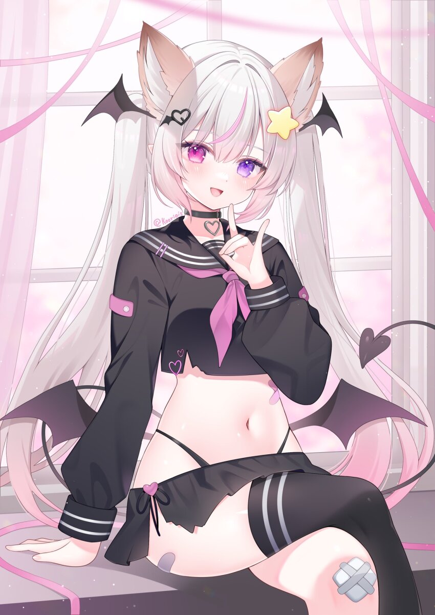 1girl, :d, animal_ears, annytf, bandaid, bandaid_on_leg, black_choker, black_sailor_collar