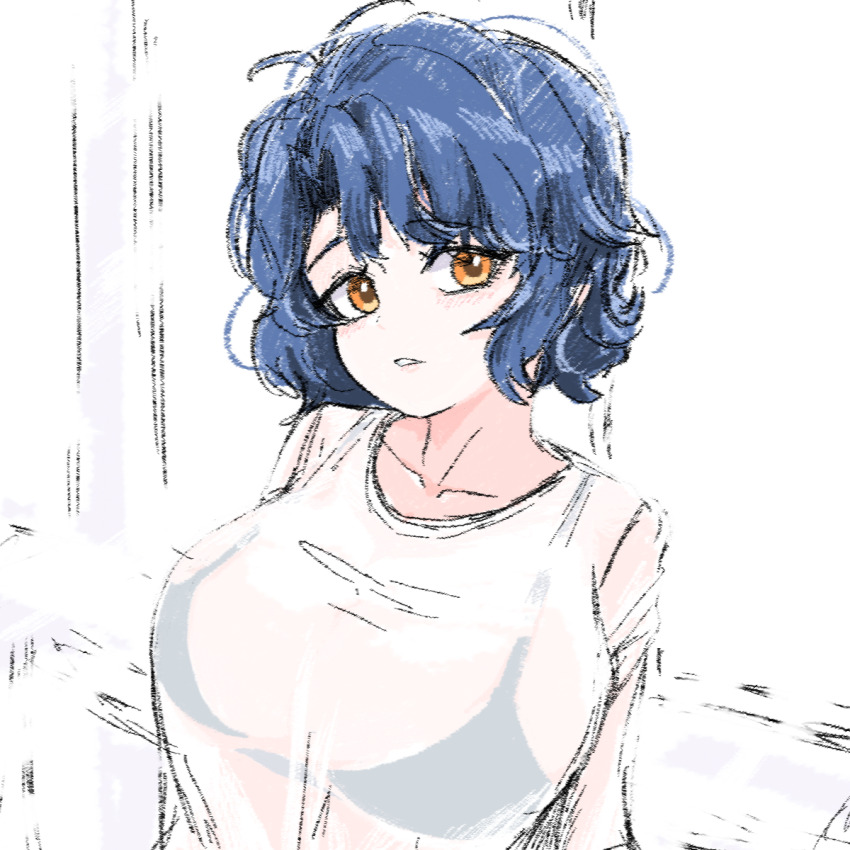 1girl, :o, antenna_hair, aromdami, bikini, bikini_under_clothes, black_bikini, blue_hair, blush, breasts, collarbone, highres, idolmaster, idolmaster_million_live!, large_breasts, looking_at_viewer, orange_eyes, see-through_clothes, see-through_shirt, shirt, short_hair, solo, swimsuit, toyokawa_fuka, upper_body, white_shirt