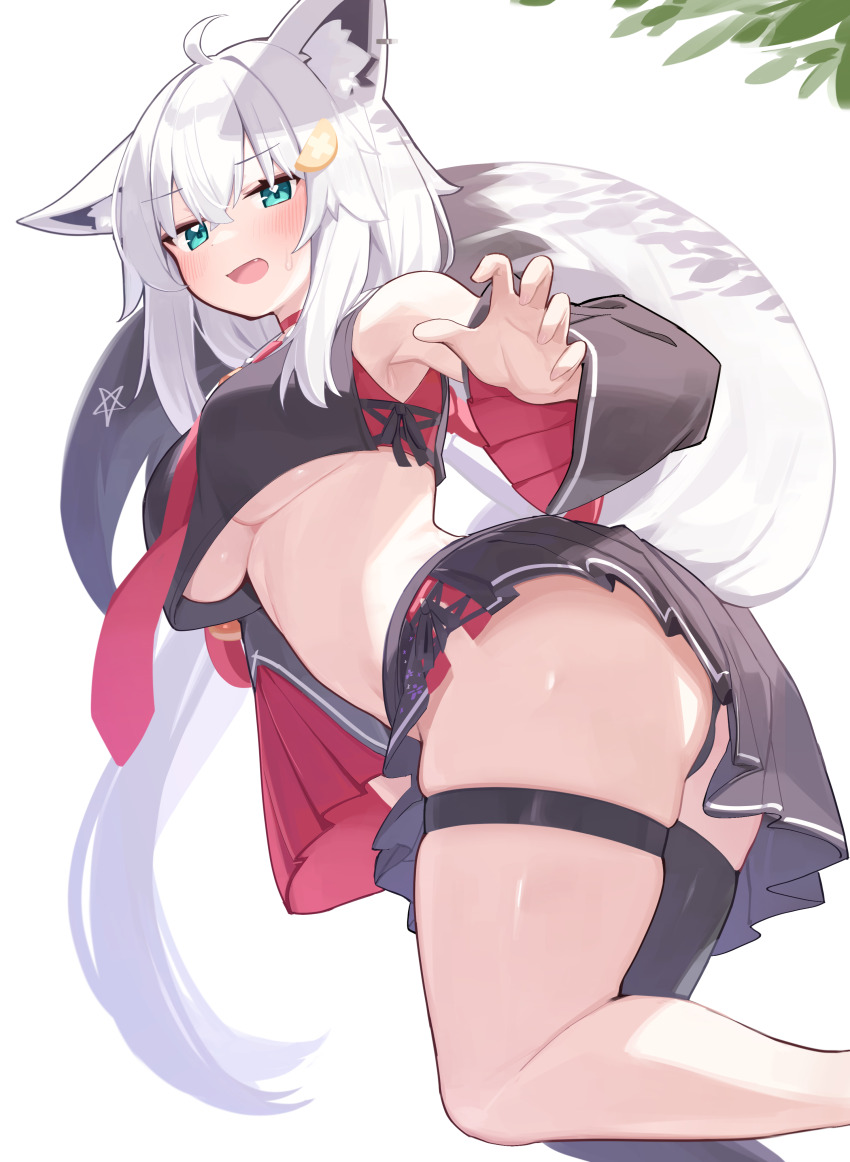 1girl, absurdres, ahoge, animal_ear_fluff, animal_ear_piercing, animal_ears, aqua_eyes, black_panties
