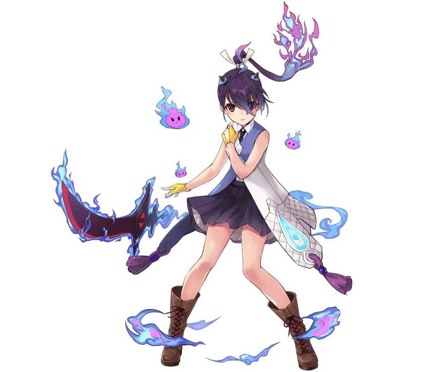 1girl, bare_shoulders, black_necktie, boots, brown_boots, closed_mouth, crossed_bangs, fake_horns