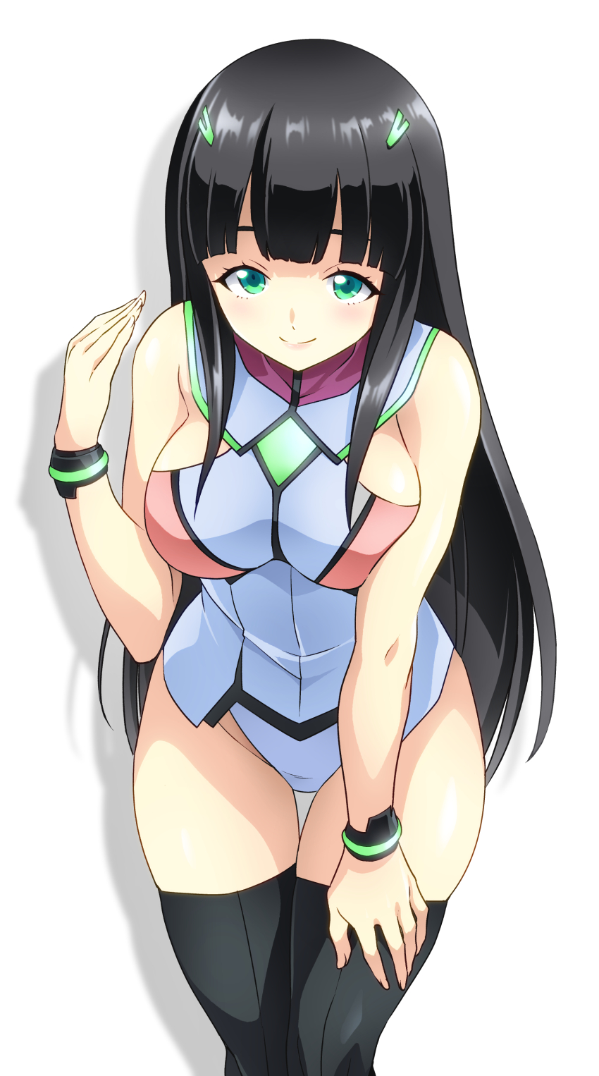 absurdres, armpit_cutout, black_hair, bodysuit, breasts, clothing_cutout, green_eyes, gundam