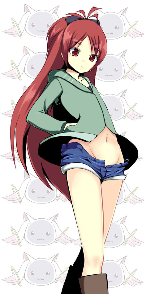 10s, 1girl, bare_legs, boots, bow, female_focus, groin, hair_bow, hand_in_pocket, jacket, kyubey, legs, maguro_(fufu), mahou_shoujo_madoka_magica, mahou_shoujo_madoka_magica_(anime), midriff, navel, no_panties, open_fly, ponytail, red_eyes, red_hair, sakura_kyoko, short_shorts, shorts, solo, unbuttoned, unzipped