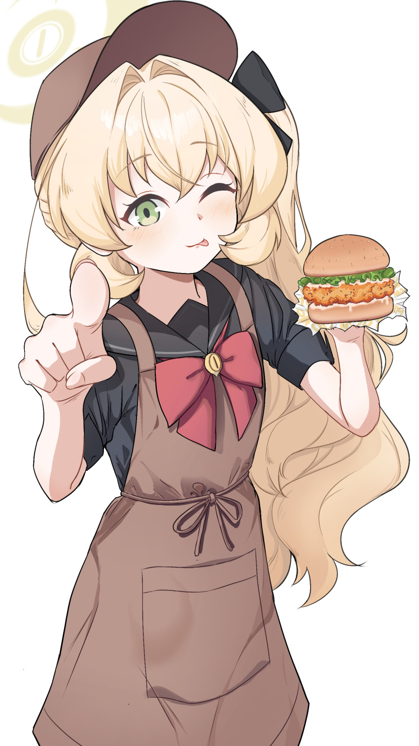 1girl, ;p, absurdres, apron, bigmt_kid, black_sailor_collar, black_serafuku, blonde_hair, blue_archive, blush, bow, bowtie, brown_apron, brown_hat, burger, chicken_sandwich, cowboy_shot, food, green_eyes, halo, hat, highres, holding, holding_burger, holding_food, lettuce, long_hair, one_eye_closed, pointing, pointing_at_viewer, professor_niyaniya_(blue_archive), red_bow, red_bowtie, sailor_collar, school_uniform, serafuku, side_ahoge, side_ponytail, sidelocks, sleeves_rolled_up, smile, tongue, tongue_out, white_background, yellow_halo