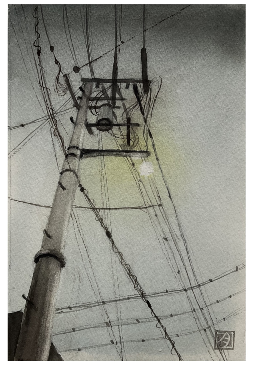 absurdres, cable, cloud, cloudy_sky, from_below, grey_sky, highres, no_humans, original, painting_(medium), power_lines, sazanka_352, scenery, sky, sky_focus, stamp_mark, traditional_media, utility_pole, watercolor_(medium)