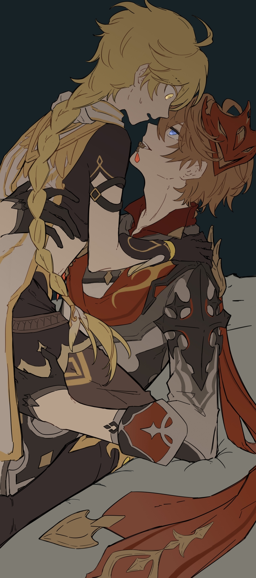 2boys, absurdres, aether_(genshin_impact), ahoge, arm_armor, baggy_pants, bed, black_gloves