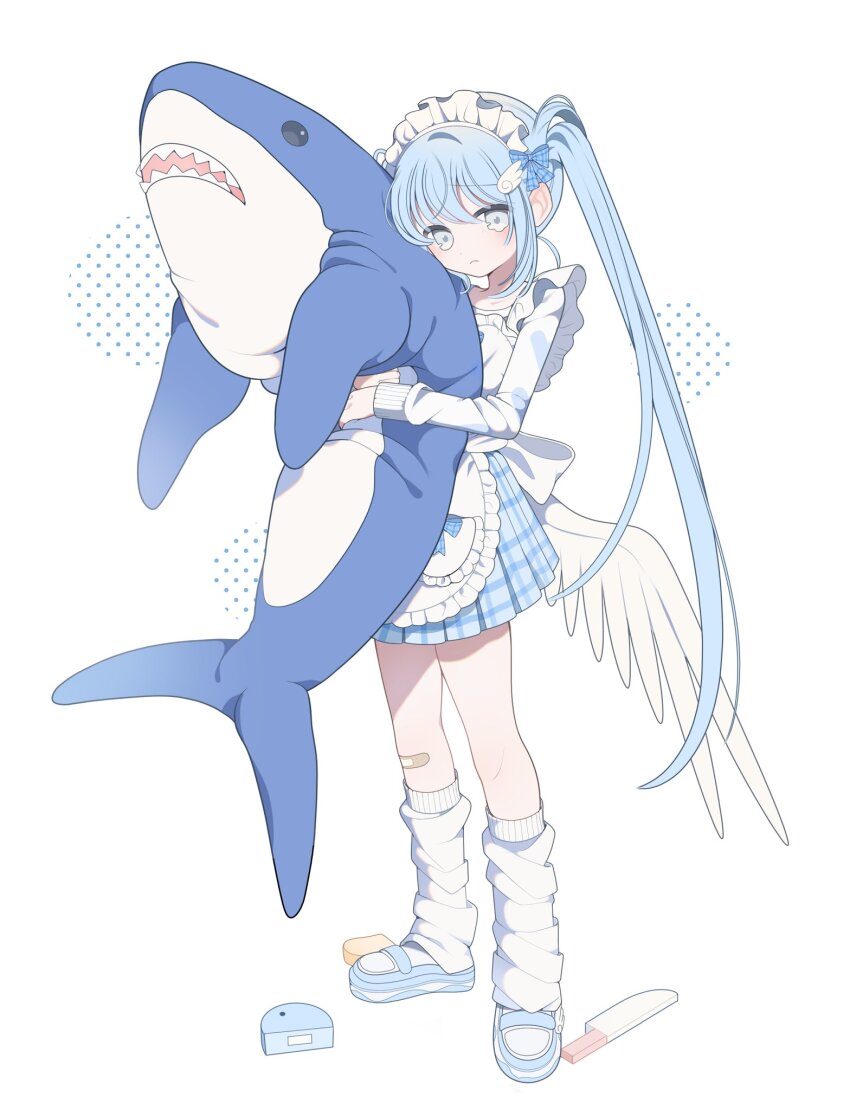 1girl, angel_wings, apron, bandaid, bandaid_on_leg, blue_bow, blue_footwear, blue_hair