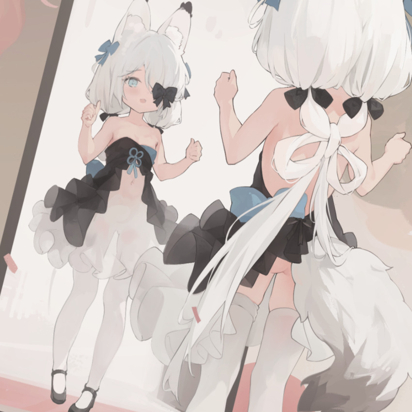 1girl, alternate_costume, animal_ear_fluff, animal_ears, azur_lane, balloon, black_bow, black_dress, black_shoes, blue_bow, blue_eyes, bow, clothing_cutout, dress, fox_ears, fox_tail, frilled_skirt, frills, hair_bow, hair_over_one_eye, kasumi_(azur_lane), kasumi_1118, looking_at_mirror, low_twintails, manjuu_(azur_lane), mary_janes, mirror, navel_cutout, open_mouth, shoes, skirt, smile, solo, standing, swept_bangs, tail, thighhighs, twintails, twintails_with_braided_base, white_hair, white_skirt, white_thighhighs