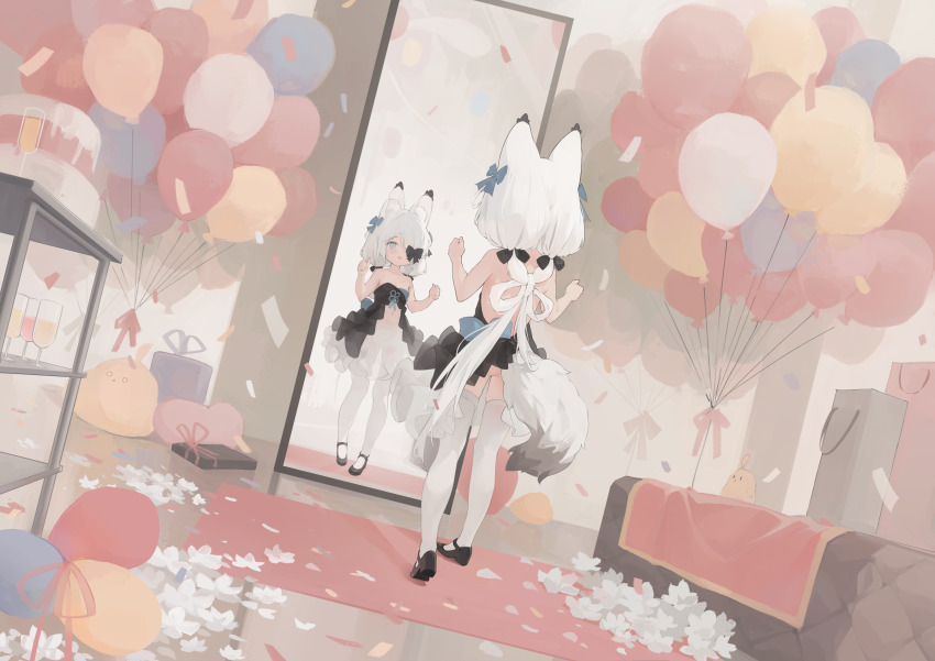 1girl, absurdres, alternate_costume, animal_ear_fluff, animal_ears, azur_lane, bag, balloon, black_bow, black_dress, black_shoes, blue_bow, blue_eyes, bow, box, cake, champagne_flute, clothing_cutout, cup, dress, drinking_glass, flower, food, fox_ears, fox_tail, frilled_skirt, frills, full_body, gift, gift_box, hair_bow, hair_over_one_eye, highres, kasumi_(azur_lane), kasumi_1118, looking_at_mirror, low_twintails, manjuu_(azur_lane), mary_janes, mirror, navel_cutout, open_mouth, shoes, skirt, smile, solo, standing, swept_bangs, tail, thighhighs, twintails, twintails_with_braided_base, white_flower, white_hair, white_skirt, white_thighhighs