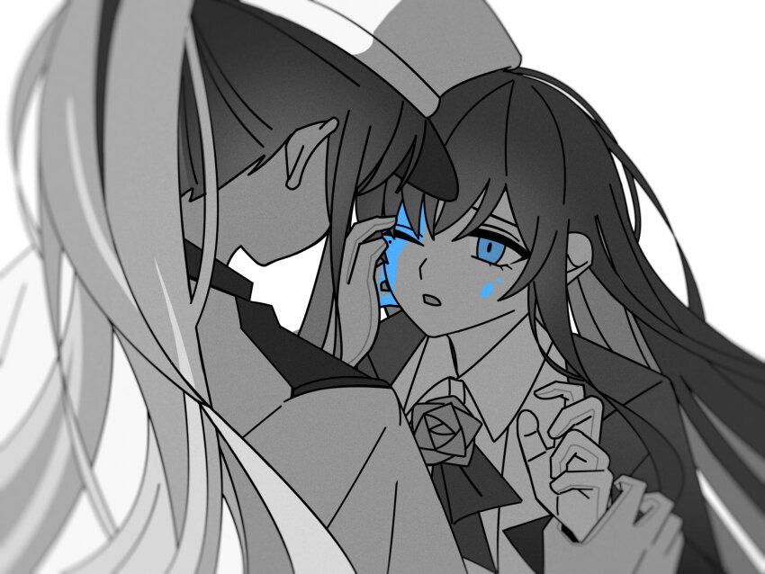 2girls, ado_(utaite), blue_eyes, brooch, chando_(ado), collared_shirt, commentary_request, dual_persona