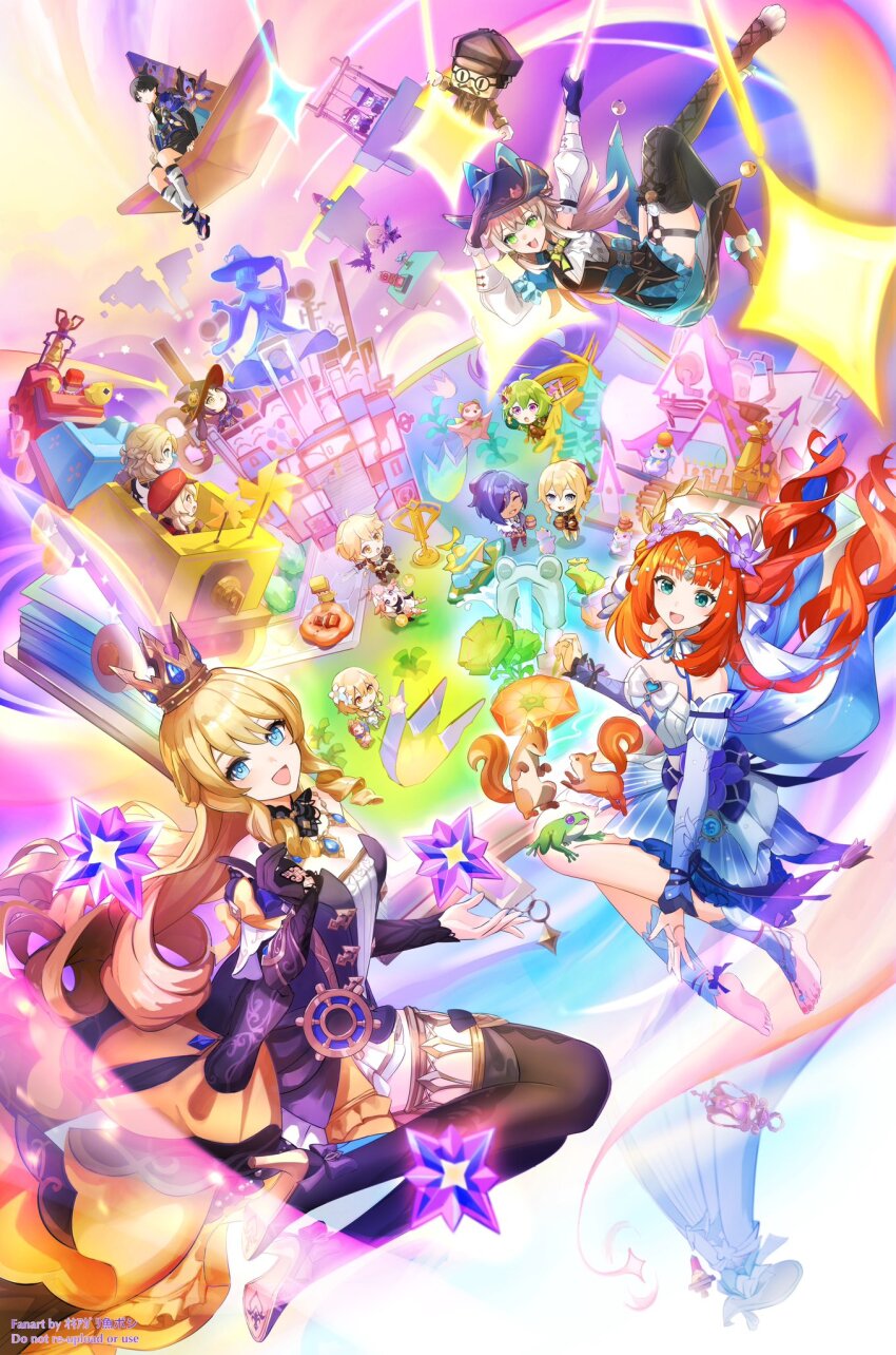 4boys, 6+girls, aether_(genshin_impact), albedo_(genshin_impact), aqua_eyes, black_gloves, black_hair, black_hat