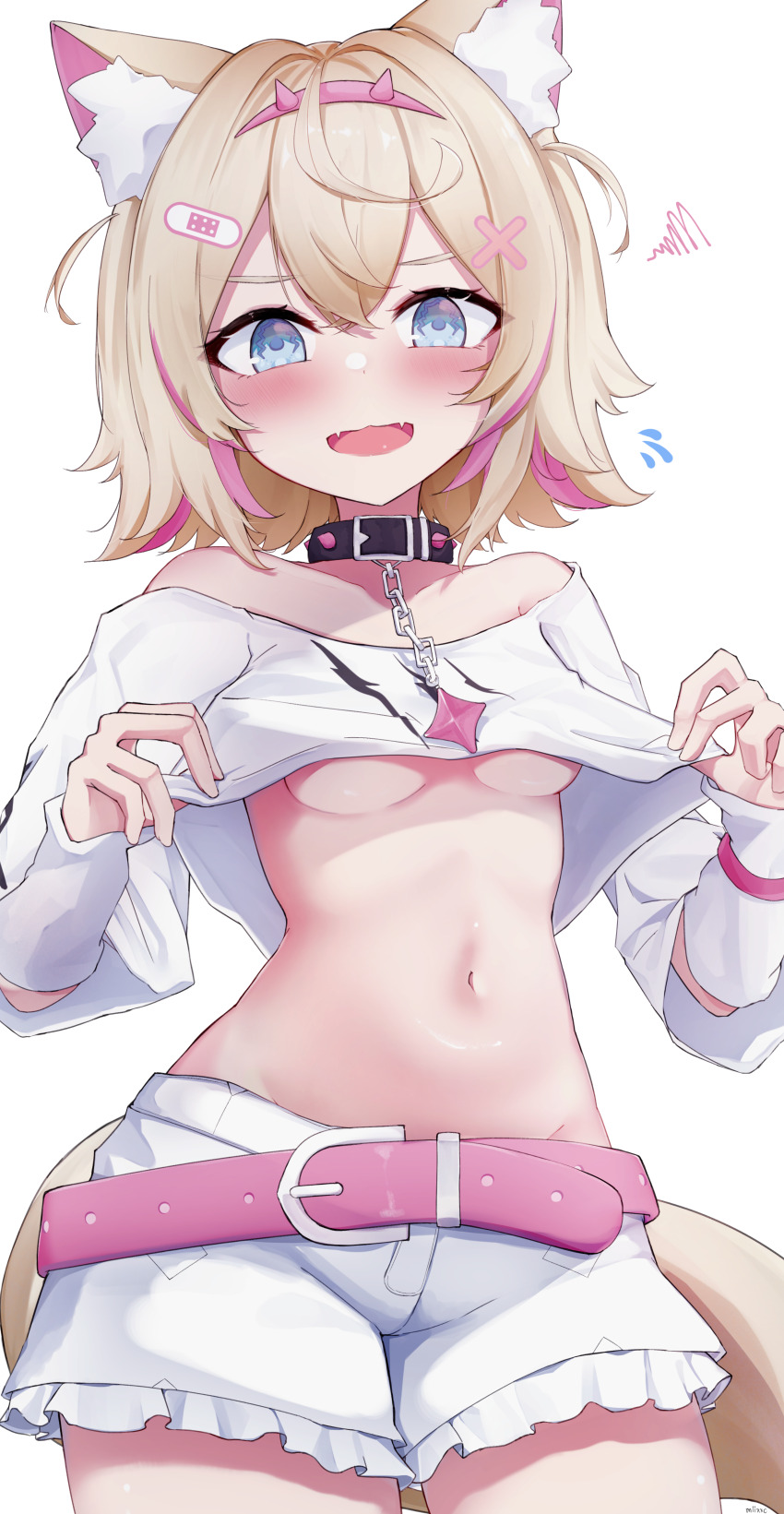 1girl, absurdres, animal_ear_fluff, animal_ears, belt, blue_eyes, blush, breasts