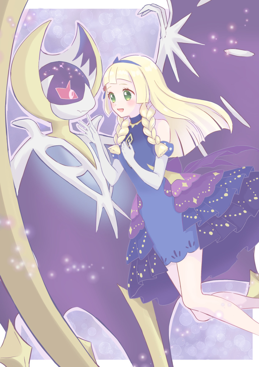 025sakura393, 1girl, :d, absurdres, blonde_hair, blue_dress, blue_hairband, blunt_bangs, braid, commentary_request, dress, elbow_gloves, gen_7_pokemon, gloves, green_eyes, hairband, hands_up, highres, legendary_pokemon, lillie_(anniversary_2021)_(pokemon), lillie_(pokemon), long_hair, lunala, nintendo, official_alternate_costume, open_mouth, pokemon, pokemon_(creature), pokemon_masters_ex, sleeveless, sleeveless_dress, smile, twin_braids, white_gloves
