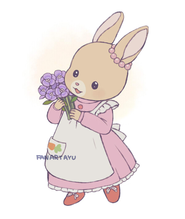 1girl, animal_ears, apron, ayu_(mog), bouquet, commentary_request, dress, flower, full_body, furry, furry_female, holding, holding_bouquet, maple_town, patty_rabbit, pink_dress, purple_flower, rabbit_ears, rabbit_girl, shoes, simple_background, solo, standing, tachi-e, white_apron, white_background