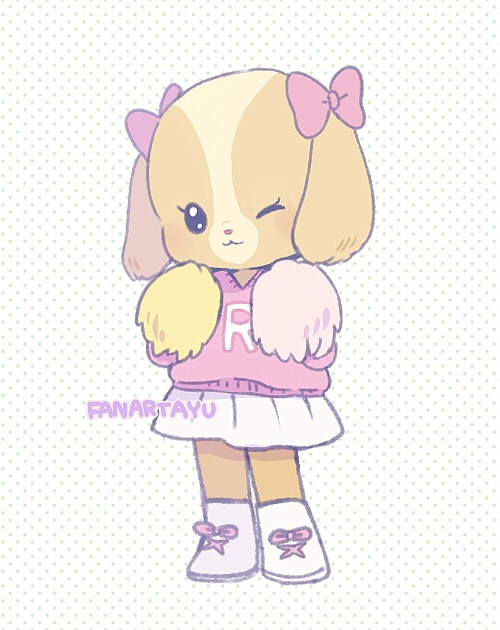 1girl, :3, animal_ears, ayu_(mog), bow, child, commentary_request, dog_ears, dog_girl, full_body, furry, furry_female, looking_at_viewer, maple_town, one_eye_closed, pink_bow, pink_sweater, pom_pom_(cheerleading), rolly_cocker, skirt, smile, solo, standing, sweater, white_skirt