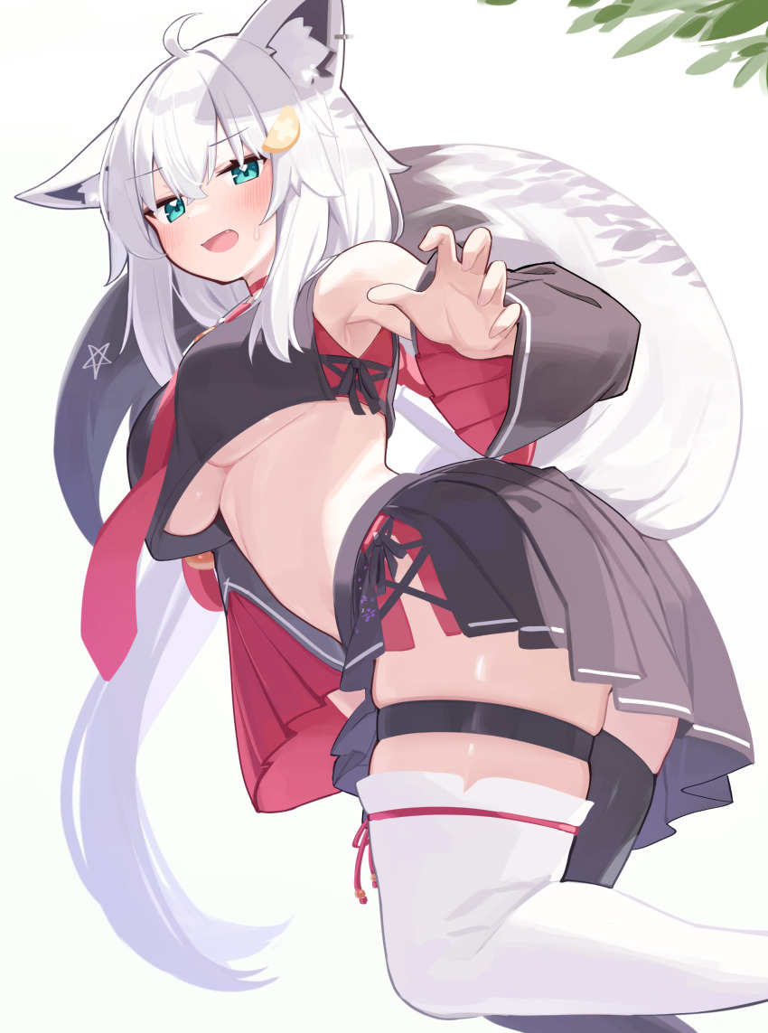 1girl, absurdres, ahoge, animal_ear_fluff, animal_ear_piercing, animal_ears, aqua_eyes, black_serafuku