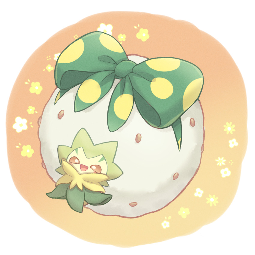 025sakura393, :d, border, bow, bright_pupils, brown_eyes, commentary_request, eldegoss