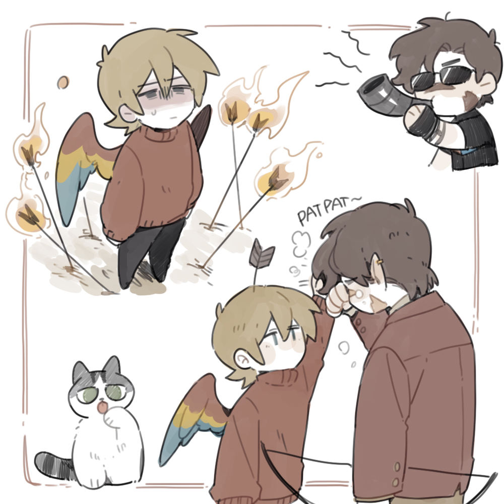 3boys, arrow_(projectile), bird_boy, bird_wings, border, bow_(weapon), brown_hair, cat, commentary, crying, dual_persona, english_commentary, goodtimeswithscar, goodtimeswithscar_(hotguy), grian_(youtuber), headpat, height_difference, hermitcraft, holding, holding_bow_(weapon), holding_weapon, jellie_(hermitcraft), light_brown_hair, long_sleeves, looking_up, luminous_slime, male_focus, minecraft_youtube, multiple_boys, multiple_views, official_alternate_costume, pointy_ears, red_sweater, scar, short_hair, sunglasses, superhero_costume, sweater, turtleneck, turtleneck_sweater, weapon, white_background, wings