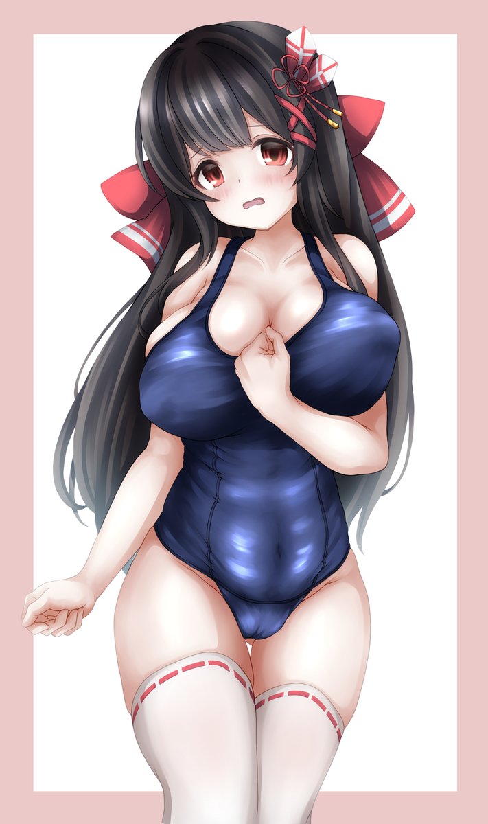 1girl, 2o7dg8er, ayase_(azur_lane), azur_lane, bare_shoulders, black_hair, blue_one-piece_swimsuit, blush