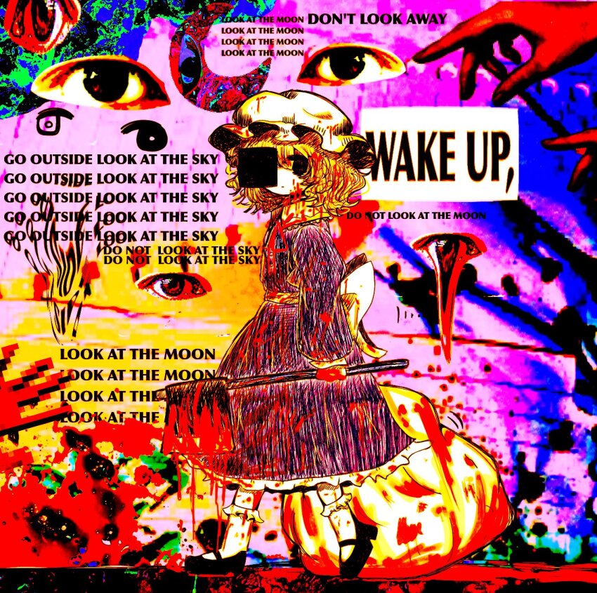 1girl, axe, black_eyes, black_footwear, blood, blood_on_axe, censored, disembodied_eye, distortion, english_text, from_side, glitch, hat, highres, maribel_hearn, mob_cap, multicolored_background, pixel_art, sleepwalk_zzz, touhou, white_hat