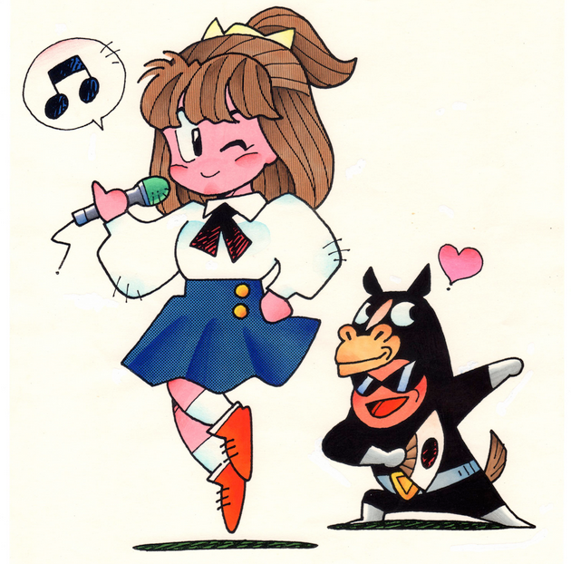 1boy, 1girl, animal_costume, ankle_socks, artist_request, beamed_eighth_notes, belt, black_bodysuit, black_outline, bodysuit, bow, brown_tail, buttons, character_request, chibi, chibi_only, closed_mouth, collared_shirt, fake_tail, gloves, grey_belt, hair_bow, half_updo, halftone, hand_fan, hand_on_own_hip, heart, high-waist_skirt, high_ponytail, holding, holding_fan, holding_microphone, horse_costume, idol, idol_hakkenden, light_brown_hair, long_sleeves, medium_hair, microphone, miniskirt, musical_note, neck_ribbon, non-web_source, official_art, one_eye_closed, open_mouth, outline, pinky_out, ponytail, red_footwear, red_ribbon, ribbon, saionji_erika, shadow, shirt, short_ponytail, simple_background, skirt, smile, socks, spoken_musical_note, sunglasses, tail, white_background, white_footwear, white_gloves, white_shirt, white_socks, wide_sleeves, wing_collar, yellow_bow