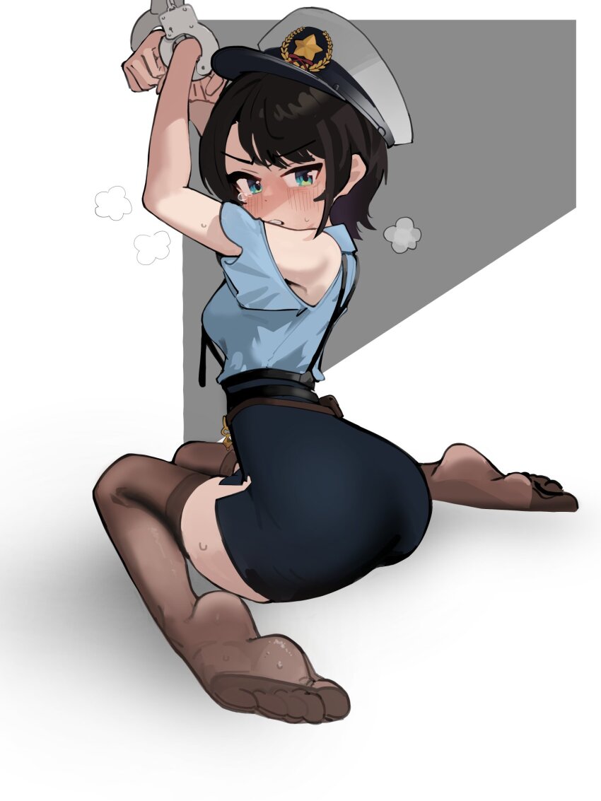 1girl, arms_up, ass, bare_shoulders, bdsm, belt, black_belt, black_hair, black_necktie, black_skirt, blue_eyes, blue_shirt, blush, bondage, bound, bound_wrists, brown_thighhighs, clenched_teeth, clothing_cutout, collared_shirt, cuffs, feet, frilled_sleeves, frills, from_behind, frown, handcuffs, hat, high-waist_skirt, highres, hololive, holster, looking_at_viewer, looking_back, miniskirt, necktie, nose_blush, oozora_subaru, oozora_subaru_(police), peaked_cap, pencil_skirt, police, police_uniform, scowl, shirt, short_hair, shoulder_cutout, side_slit, sitting, skirt, soles, solo, suspenders, sweat, swept_bangs, tears, teeth, thighhighs, uingssi, virtual_youtuber, wariza, white_hat, zettai_ryouiki