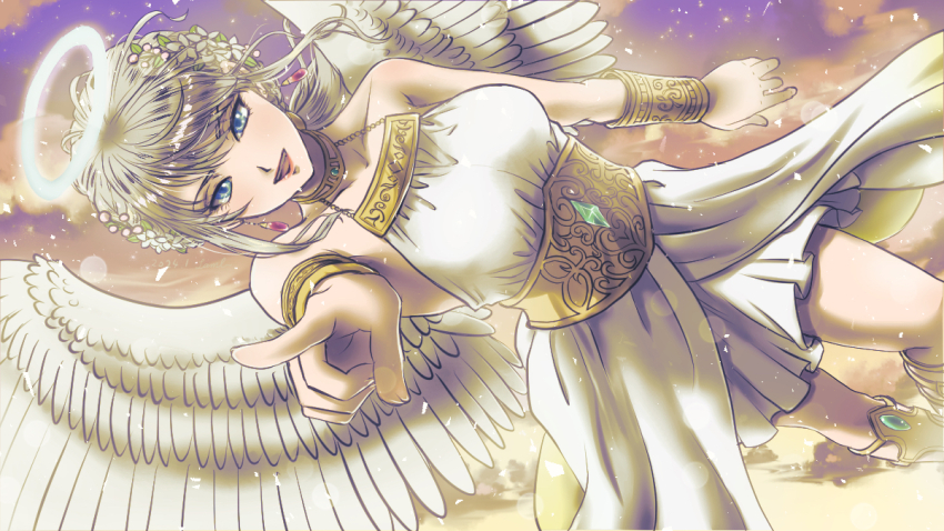 1girl, 2024, angel, angel_wings, bare_shoulders, blue_eyes, breasts, cloud