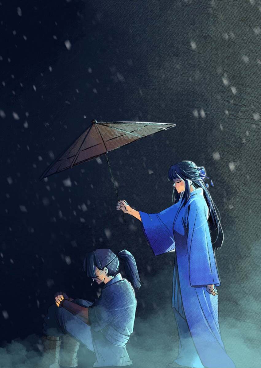1boy, 1girl, animal_ears, black_hair, boots, chinese_clothes, ehddb72, hanfu, highres, holding, holding_umbrella, legend_of_mortal, long_hair, sitting, snowing, tears, umbrella, xiahou_lan, zhao_huo
