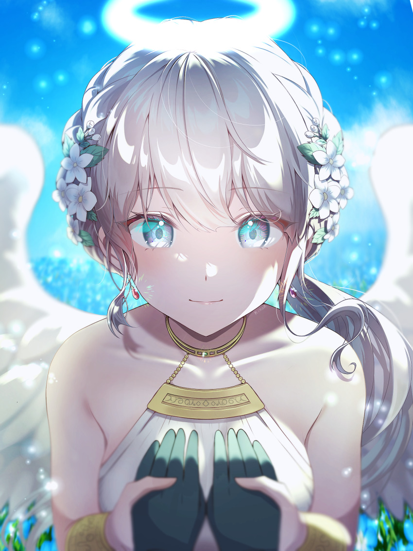 1girl, 1other, angel, angel_wings, aqua_eyes, bare_shoulders, blue_eyes, blue_flower