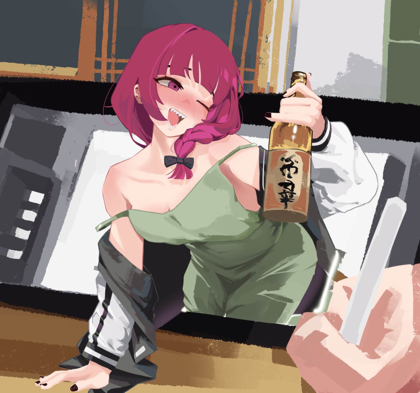 1girl, 1other, ;d, alcohol, bare_shoulders, black_nails, blush, bocchi_the_rock!