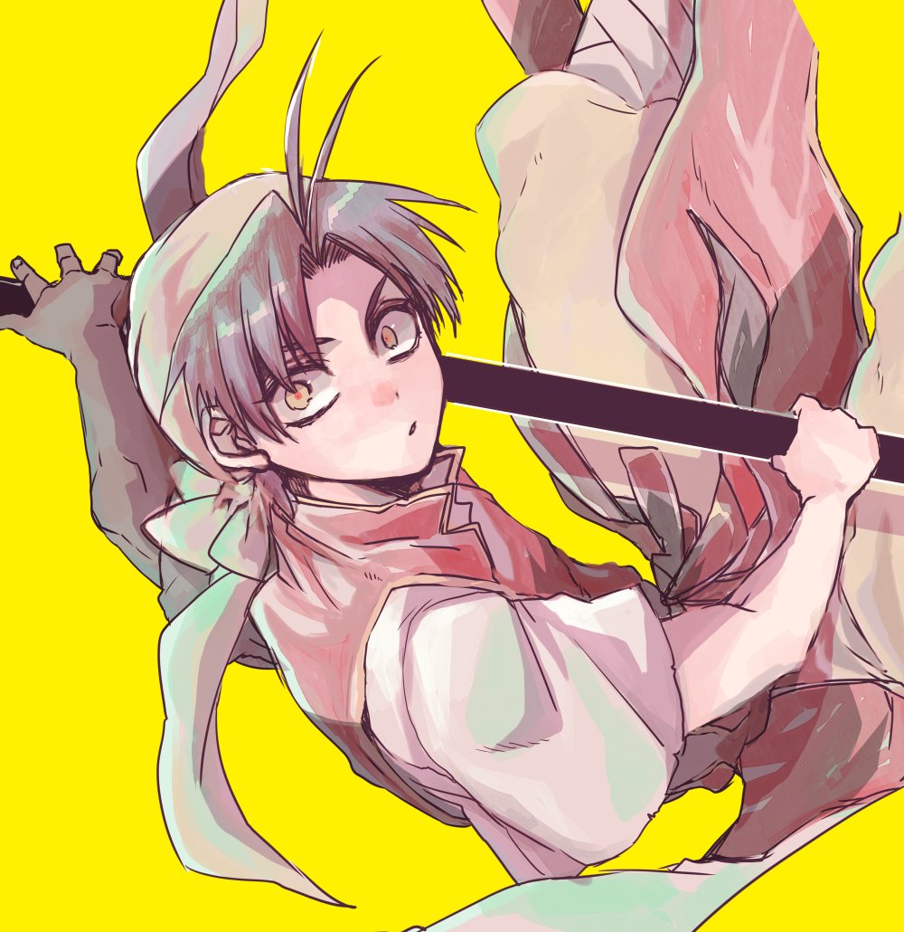 1boy, antenna_hair, bandaged_leg, bandages, bandana, brown_eyes, brown_hair, gensou_suikoden