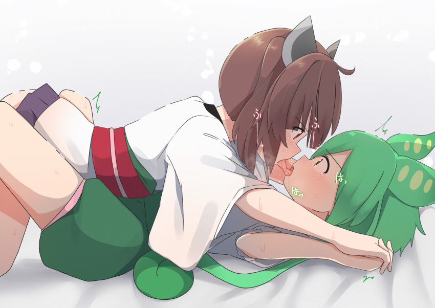 2girls, absurdres, blush, brown_eyes, brown_hair, commentary_request, eye_contact, french_kiss, green_hair, headgear, highres, holding_hands, japanese_clothes, kimono, kiss, long_hair, looking_at_another, low_ponytail, multiple_girls, open_mouth, ponytail, saliva, sechin, short_hair, shorts, sweat, tongue, tongue_out, touhoku_kiritan, voiceroid, voicevox, yuri, zundamon