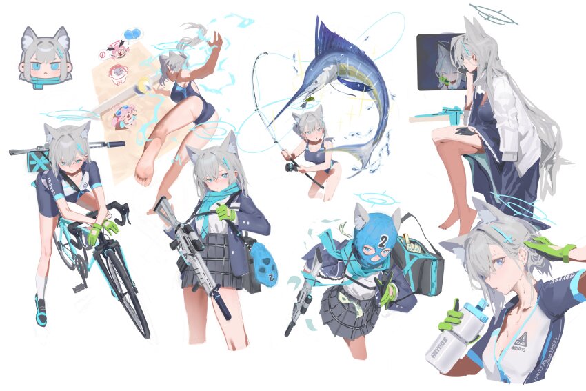 1boy, 3girls, absurdres, assault_rifle, bag, baklava, ball, beach_volleyball, bicycle, blue_archive, blue_eyes, blue_footwear, blue_halo, bottle, breasts, bright_pupils, cross_hair_ornament, crossed_legs, doodle_sensei_(blue_archive), fishing, fishing_rod, gloves, green_gloves, grey_hair, gun, hair_ornament, halo, highres, holding, holding_bottle, holding_gun, holding_weapon, hoshino_(blue_archive), hoshino_(swimsuit)_(blue_archive), koharu_(blue_archive), koharu_(swimsuit)_(blue_archive), looking_at_viewer, medium_breasts, mismatched_pupils, multiple_girls, multiple_views, niunaigaoban, official_alternate_costume, rifle, running, sensei_(blue_archive), shiroko_(blue_archive), shiroko_(cycling)_(blue_archive), shiroko_terror_(blue_archive), short_hair, sig_sauer_556, simple_background, single_glove, sitting, socks, sweat, volleyball, volleyball_(object), weapon, white_background, white_pupils, white_socks