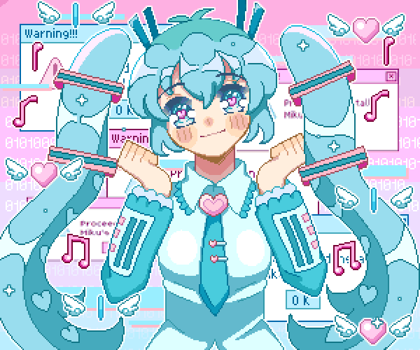 1girl, :d, animated, animated_gif, aqua_eyes, aqua_hair, blinking, closed_eyes, commentary, detached_sleeves, digital_girl_(vocaloid), english_commentary, epilepsy_warning, error_message, glitch, halo, hatsune_miku, heart, heart-shaped_pupils, long_hair, looking_at_viewer, necktie, open_mouth, pixel_art, praying, ru_(toyhamu), shirt, sleeveless, sleeveless_shirt, smile, solo, symbol-shaped_pupils, twintails, upper_body, very_long_hair, vocaloid, window_(computing)