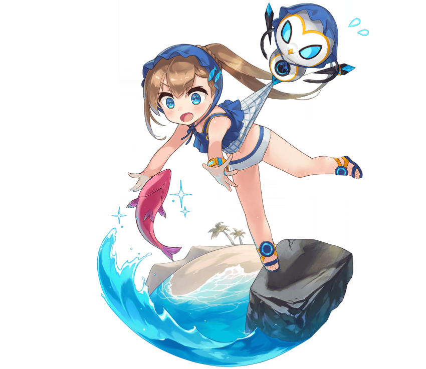 1girl, 1other, aged_down, blue_eyes, blue_footwear, braid, brown_hair, fish, fish_hair_ornament, full_body, hair_ornament, highres, loli, no_socks, ocean, official_alternate_costume, official_art, open_mouth, phantom_of_the_kill, ponytail, robot, sandals, solomon_(phantom_of_the_kill), standing, standing_on_one_leg, swimsuit, transparent_background