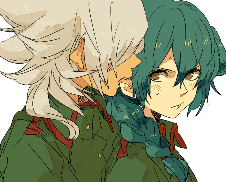 2boys, bad_id, bad_pixiv_id, baddap_sleed, blush, braid, green_hair, inazuma_eleven, inazuma_eleven_(series), male_focus, marui_happa, military, military_uniform, mistorene_callus, multiple_boys, white_hair, yaoi