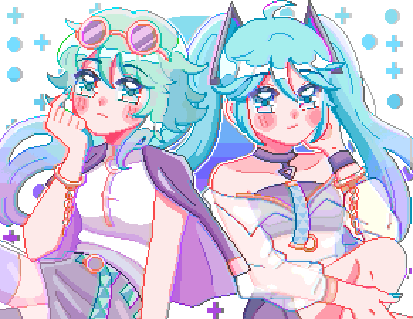 2girls, alternate_color, animated, animated_gif, aqua_eyes, aqua_hair, belt, chromatic_aberration