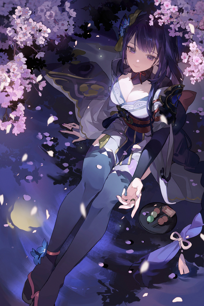 1girl, absurdres, black_thighhighs, blue_flower, braid, breasts, bridal_gauntlets, cherry_blossoms