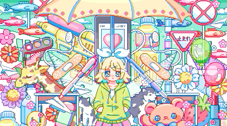 1girl, animal, animated, animated_gif, balloon, bandaid, blonde_hair, cat