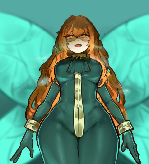 1girl, artist_request, ascot, blurry, blurry_background, bodysuit, breasts, e.g.o_(project_moon), fairy_wings, green_background, green_bodysuit, ishmael_(project_moon), large_breasts, limbus_company, looking_at_viewer, non-web_source, orange_hair, project_moon, solo, wingbeat_(e.g.o), wings, yellow_eyes