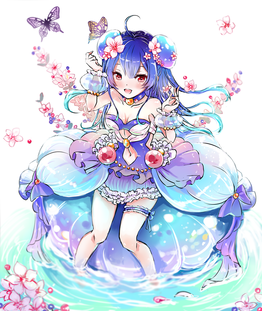 1girl, ahoge, ari_(aland353), blue_hair, breasts, bug, butterfly, cleavage, clothing_cutout, flower, frilled_skirt, frills, gradient_hair, hair_flower, hair_ornament, insect, long_hair, multicolored_hair, navel, navel_cutout, noa_(shironeko_project), open_mouth, red_eyes, shironeko_project, skirt, small_breasts, solo, thigh_strap